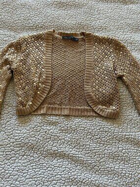 The Limited -- tan cropped knit cardigan, with gold sequins throughout